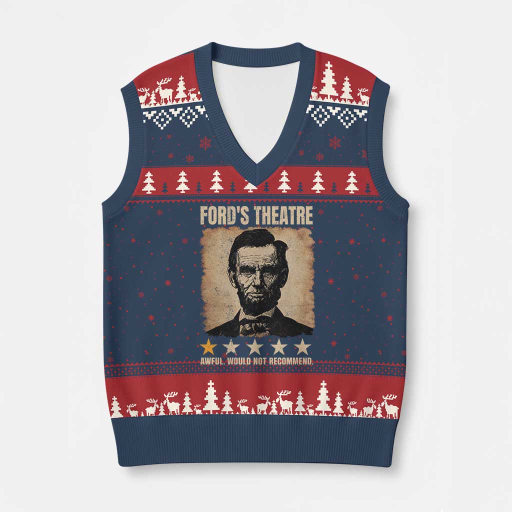Abraham Lincoln Ford's Theatre V-Neck Knit Sweater Vest Awful Would Not Recommend Funny US History TS11 Navy Red Print Your Wear