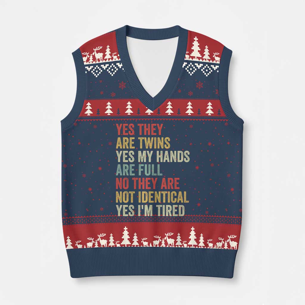 Twin Mom Twin Dad V-Neck Knit Sweater Vest Yes They Are Twins My Hands Are Full Yes I Am Tired TS11 Navy Red Print Your Wear