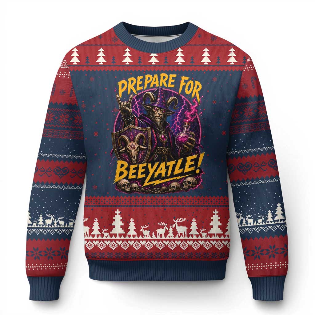 Prepare For Beeyatle Ugly Christmas Sweater Funny Goat Wizard LitRPG Lover