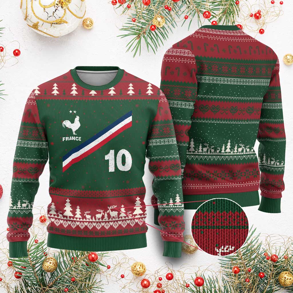 France Football Coq Ugly Christmas Sweater French Flag Stripes Number 10 Athletic Soccer National Pride