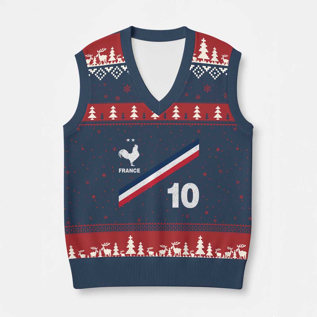 France Football Coq V-Neck Knit Sweater Vest French Flag Stripes Number 10 Athletic Soccer National Pride