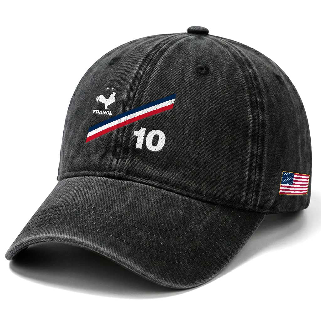 France Football Coq Washed Cotton Baseball Cap French Flag Stripes Number 10 Athletic Soccer National Pride