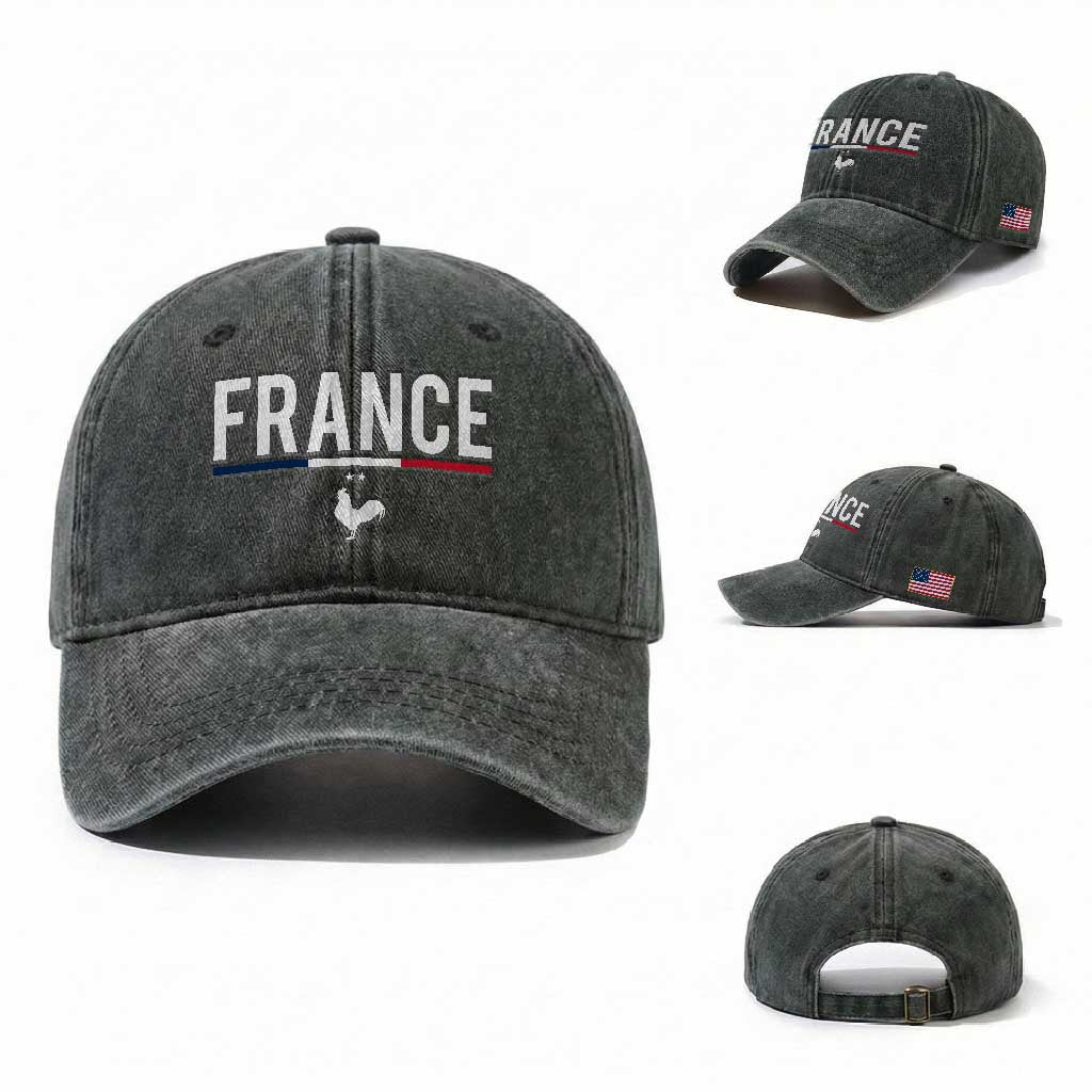 France Gallic Rooster Sports Throwback Design Vintage French Flag Washed Cotton Baseball Cap
