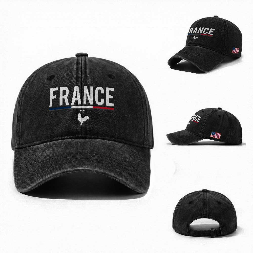 France Gallic Rooster Sports Throwback Design Vintage French Flag Washed Cotton Baseball Cap