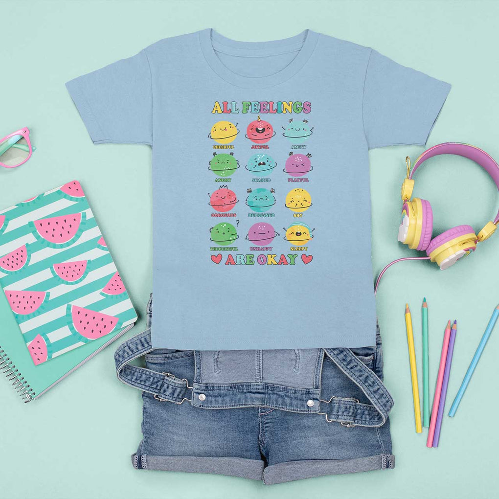 All Feelings Are Okay T Shirt For Kid School Teacher Psychologist Counselor Planets Back To School TS11 Light Blue Print Your Wear