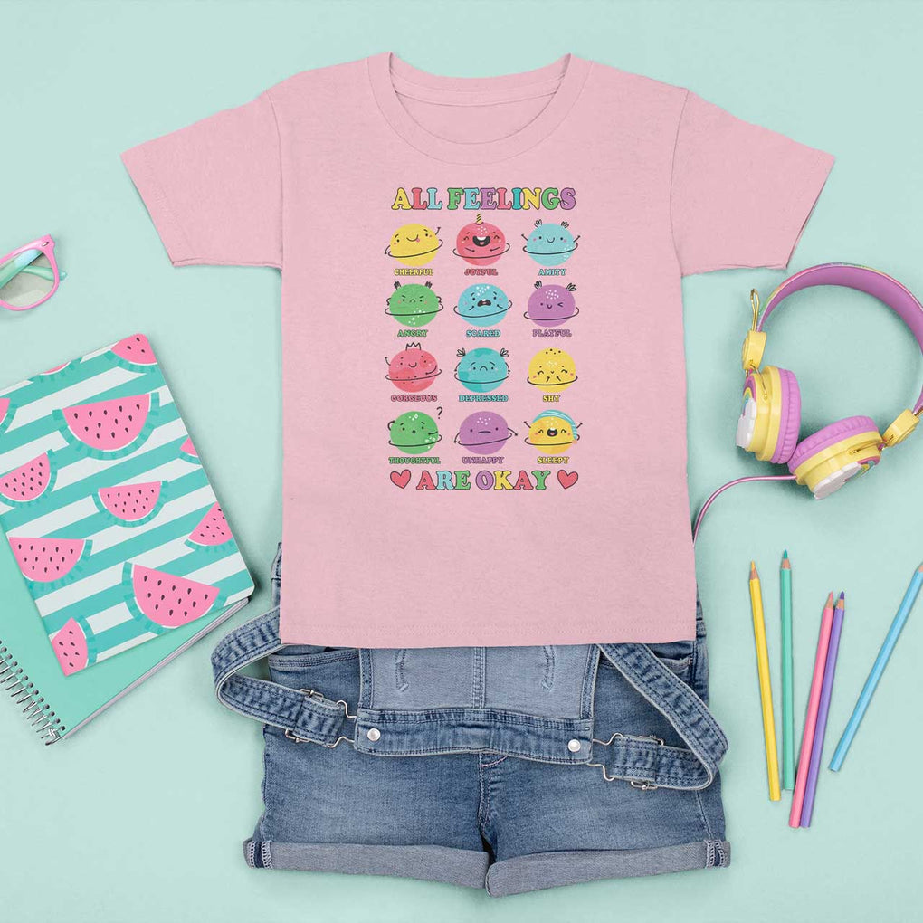 All Feelings Are Okay T Shirt For Kid School Teacher Psychologist Counselor Planets Back To School TS11 Light Pink Print Your Wear