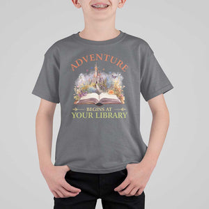 Book Reader T Shirt For Kid Adventure Begins At Your Library Castle Flower Librarian TS11 Charcoal Print Your Wear