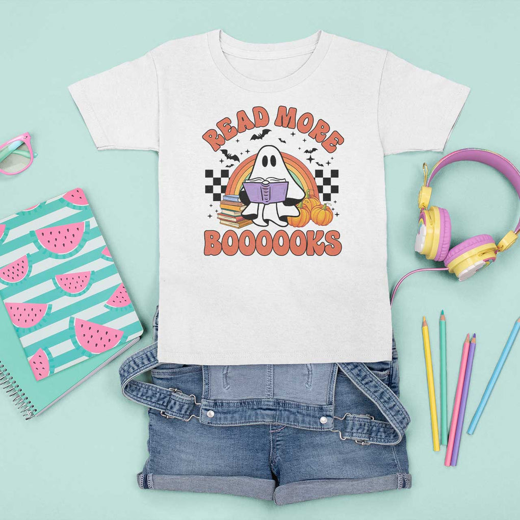 Halloween Teacher T Shirt For Kid Read More Books Cute Ghost Reading Pumpkin TS11 White Print Your Wear