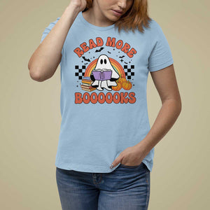 Halloween Teacher T Shirt For Women Read More Books Cute Ghost Reading Pumpkin TS11 Light Blue Print Your Wear