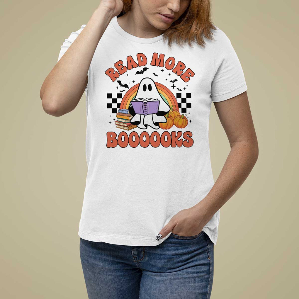 Halloween Teacher T Shirt For Women Read More Books Cute Ghost Reading Pumpkin TS11 White Print Your Wear