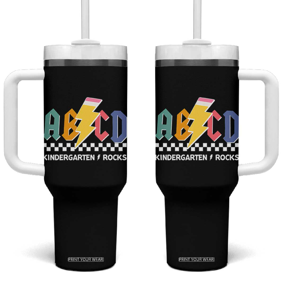 ABCD Kindergarten Rock And Roll Tumbler With Handle Teachers Back To School TS11 One Size: 40 oz Black Print Your Wear