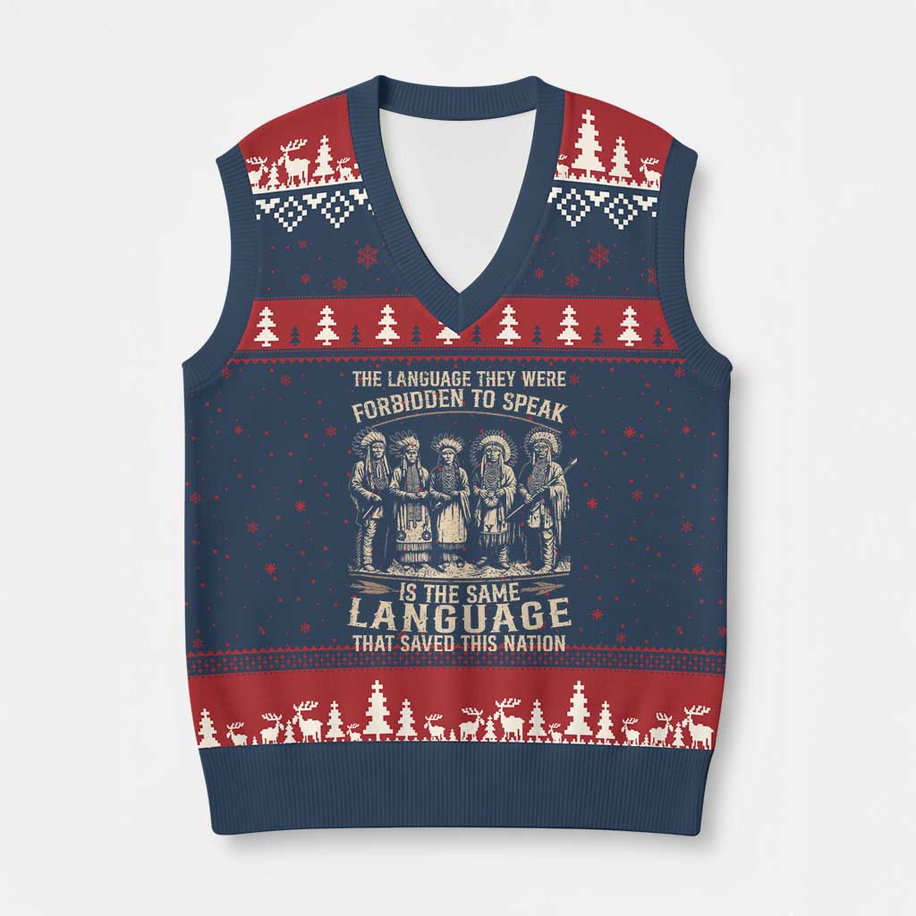 Native American Warrior V-Neck Knit Sweater Vest The Language They Were Forbidden To Speak Saved This Nation - Print Your Wear