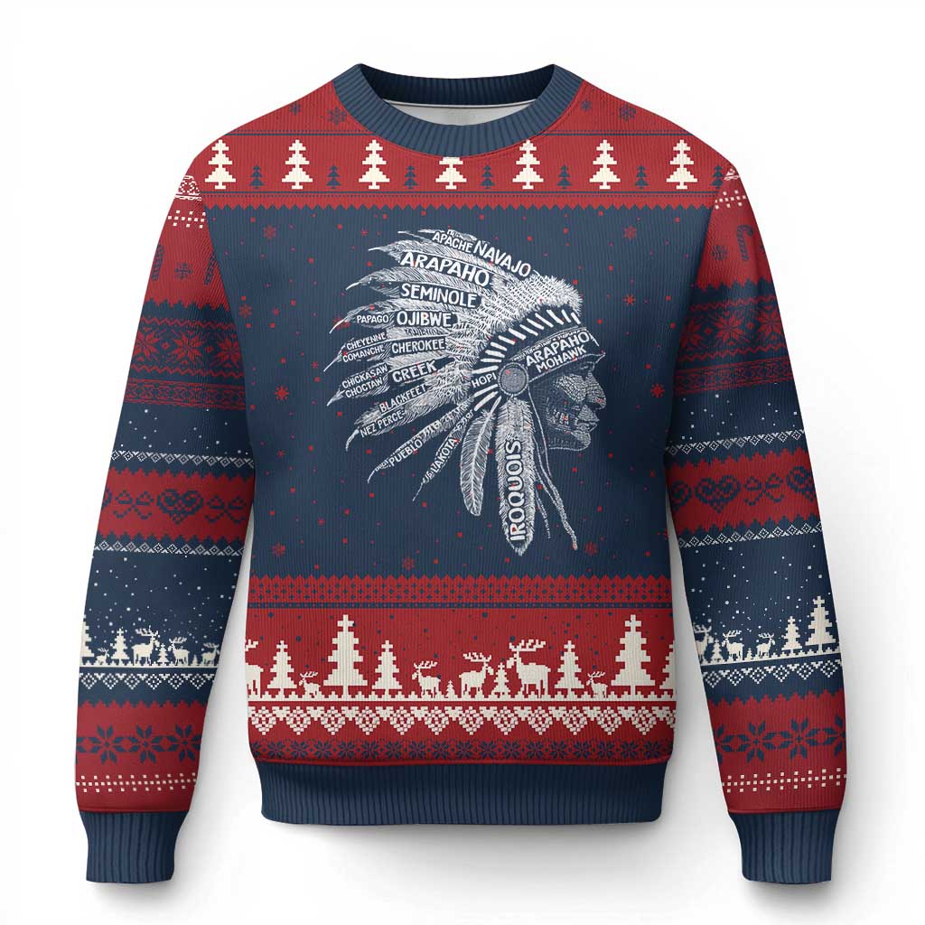 Native American Tribes Ugly Christmas Sweater Vintage Indian American Chief TS11 Navy Red Print Your Wear
