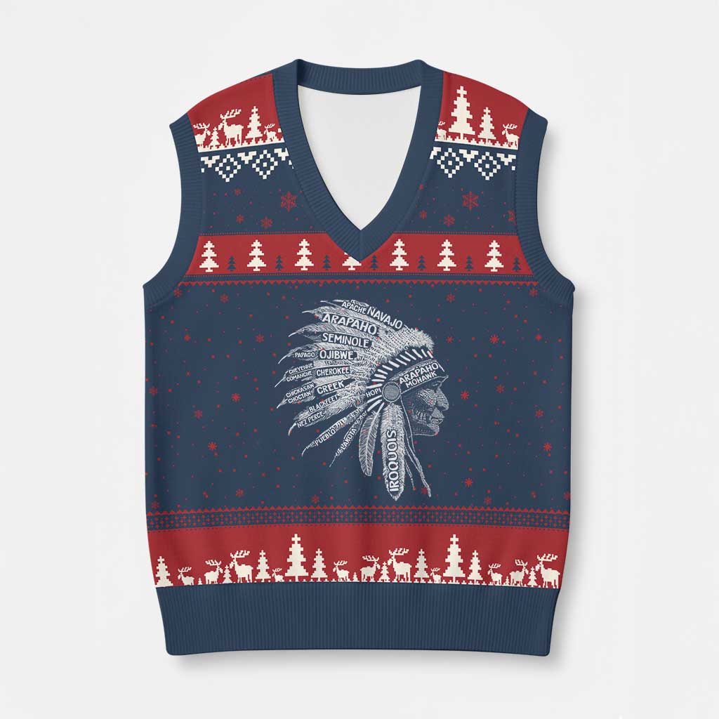 Native American Tribes V-Neck Knit Sweater Vest Vintage Indian American Chief TS11 Navy Red Print Your Wear