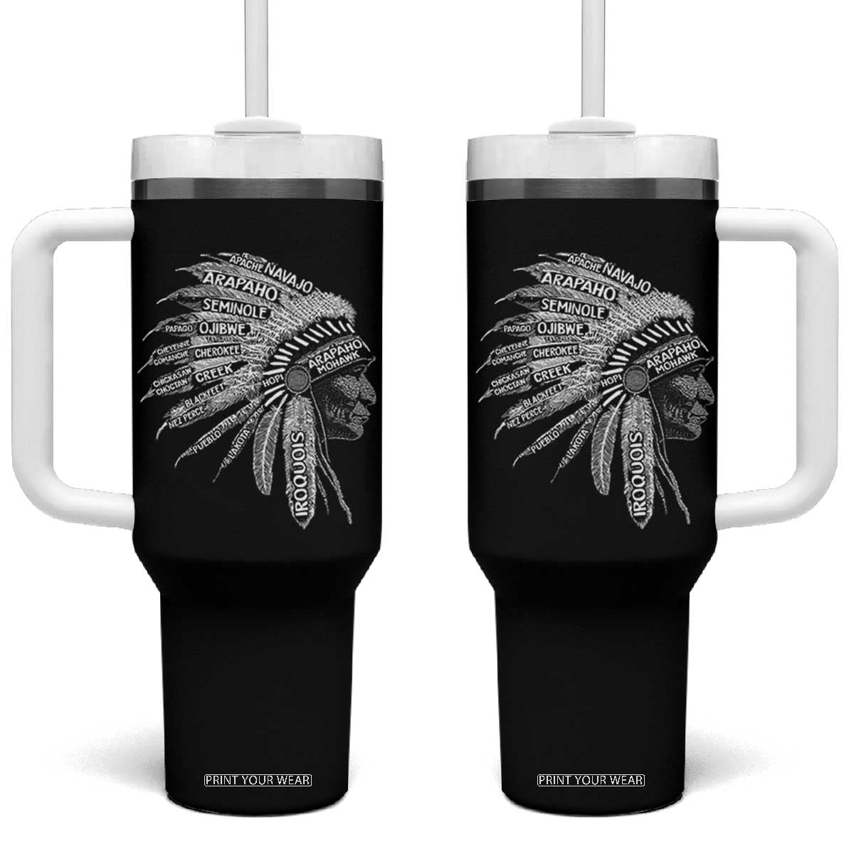 Native American Tribes Tumbler With Handle Vintage Indian American Chief TS11 One Size: 40 oz Black Print Your Wear