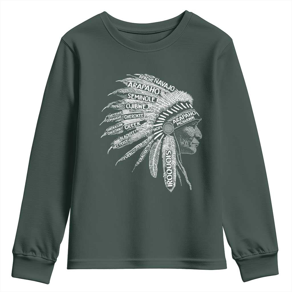 Native American Tribes Youth Sweatshirt Vintage Indian American Chief TS11 Dark Forest Green Print Your Wear