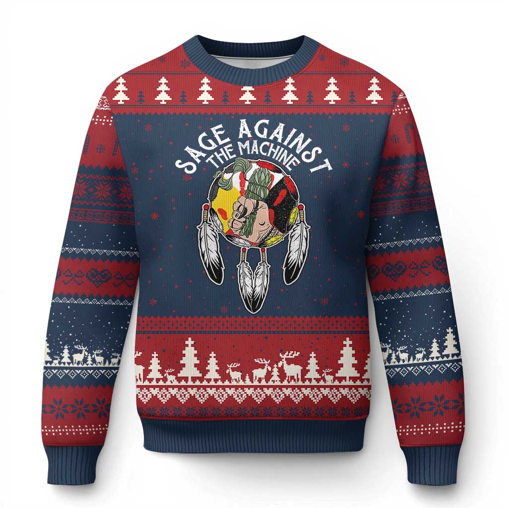 Funny Sage Against The Machine Ugly Christmas Sweater Native American Sage Medicine Wheel TS11 Navy Red Print Your Wear