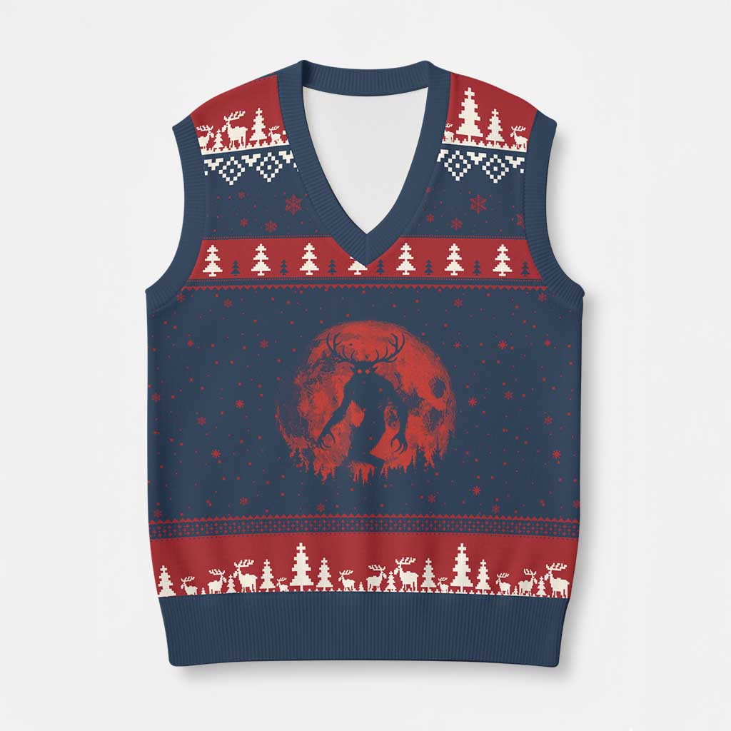Wendigo Monster V-Neck Knit Sweater Vest Skinwalker Night Stroll Cryptid Full Moon Evil Monster TS11 Navy Red Print Your Wear
