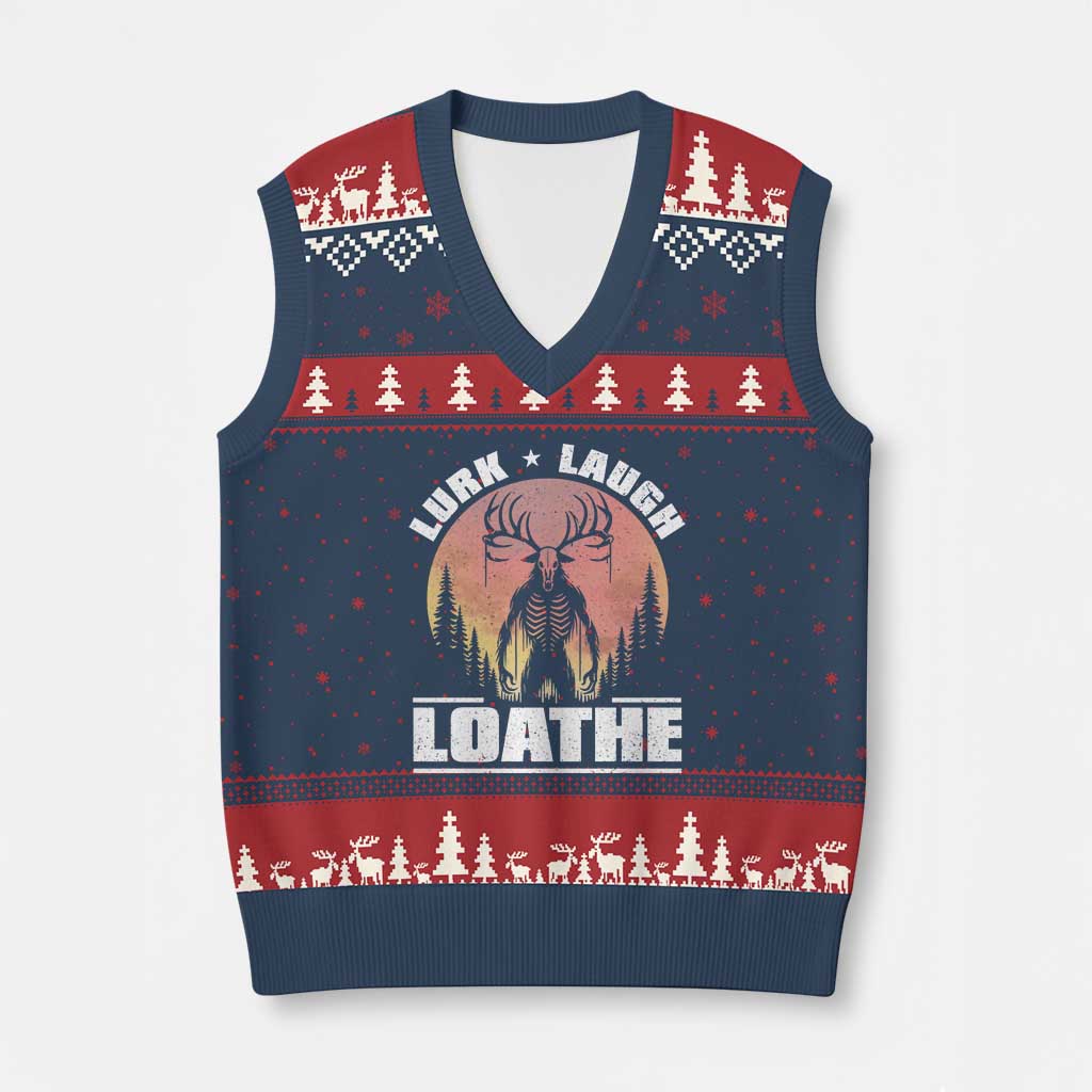 Funny Wendigo Cryptid Lurk Laugh Loathe V-Neck Knit Sweater Vest TS11 Navy Red Print Your Wear