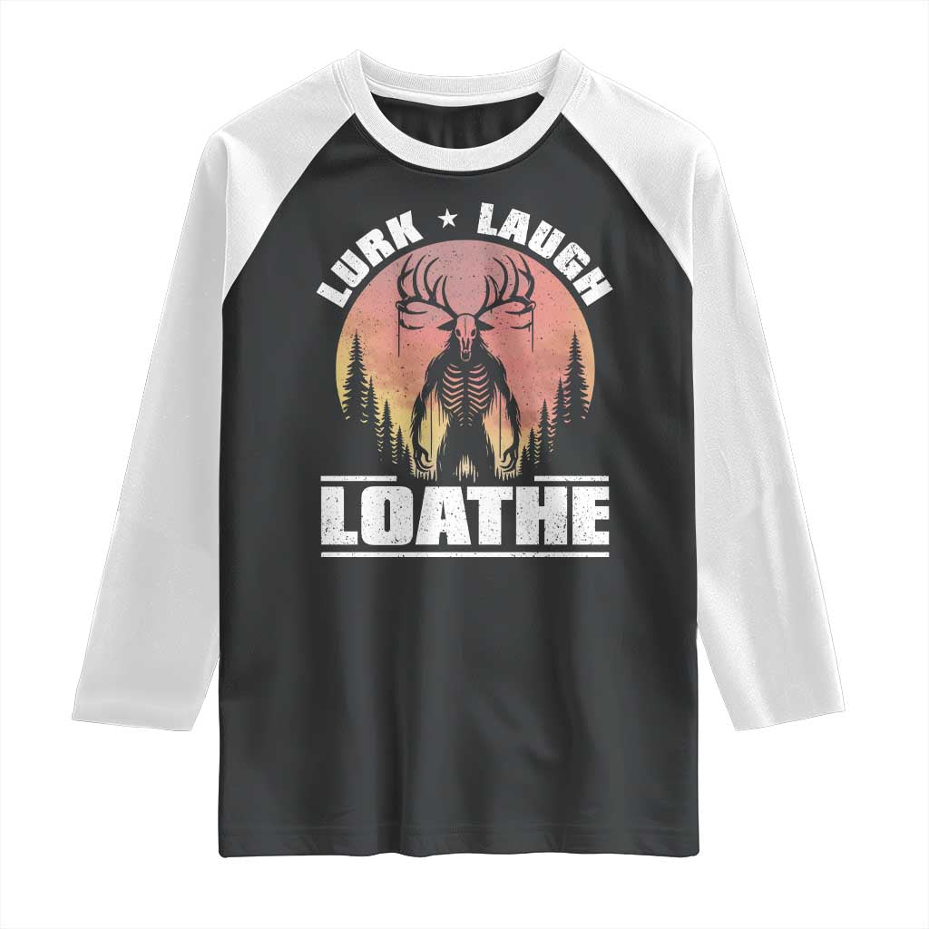 Funny Wendigo Cryptid Lurk Laugh Loathe Raglan Shirt TS11 Black White Print Your Wear