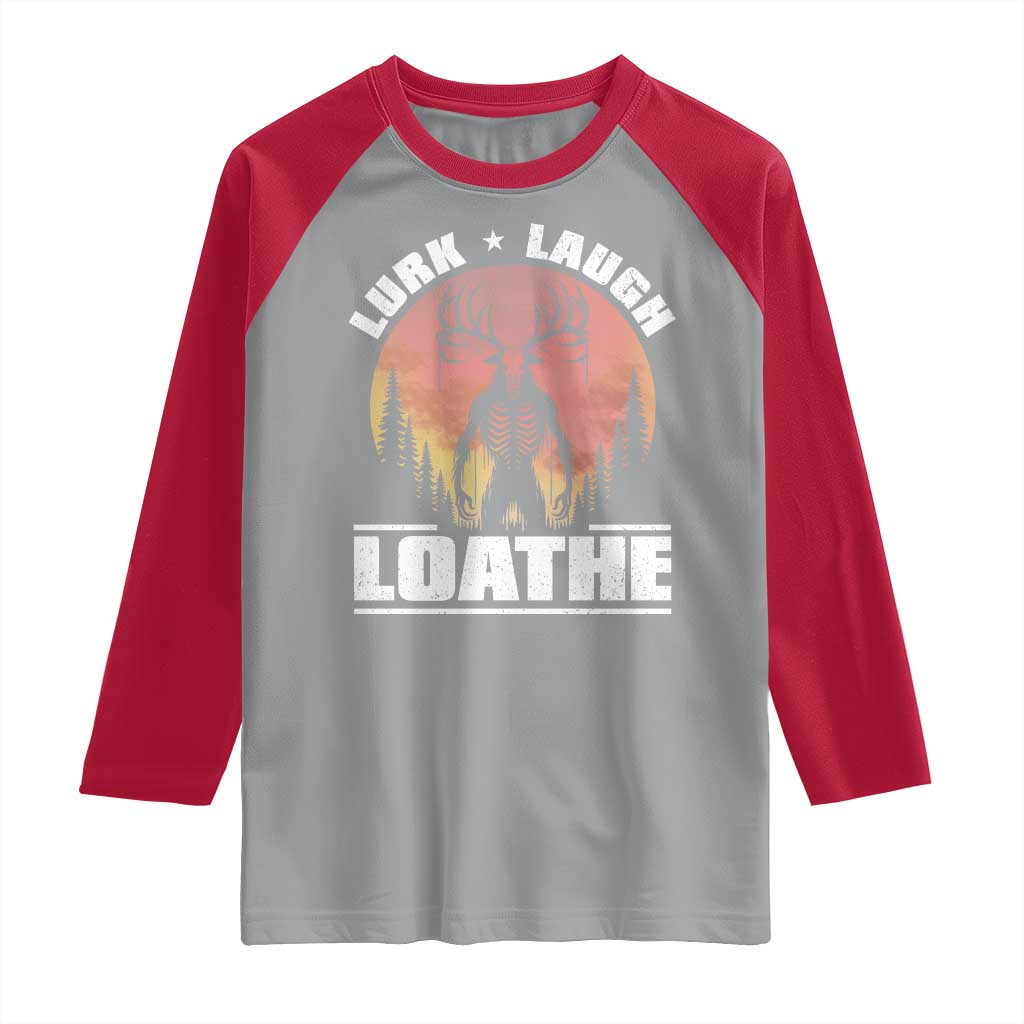 Funny Wendigo Cryptid Lurk Laugh Loathe Raglan Shirt TS11 Sport Gray Red Print Your Wear