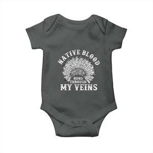 Native Blood Runs Through My Veins Baby Onesie Native American War Bonnet TS11 Dark Heather Print Your Wear