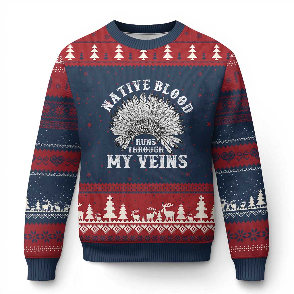 Native Blood Runs Through My Veins Ugly Christmas Sweater Native American War Bonnet TS11 Navy Red Print Your Wear
