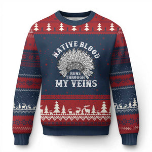 Native Blood Runs Through My Veins Ugly Christmas Sweater Native American War Bonnet TS11 Navy Red Print Your Wear