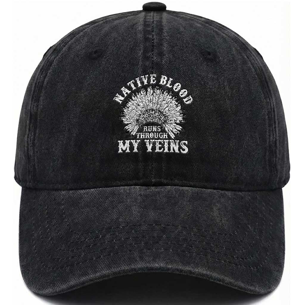 Native Blood Runs Through My Veins Washed Cotton Baseball Cap Native American War Bonnet TS11 Print Your Wear