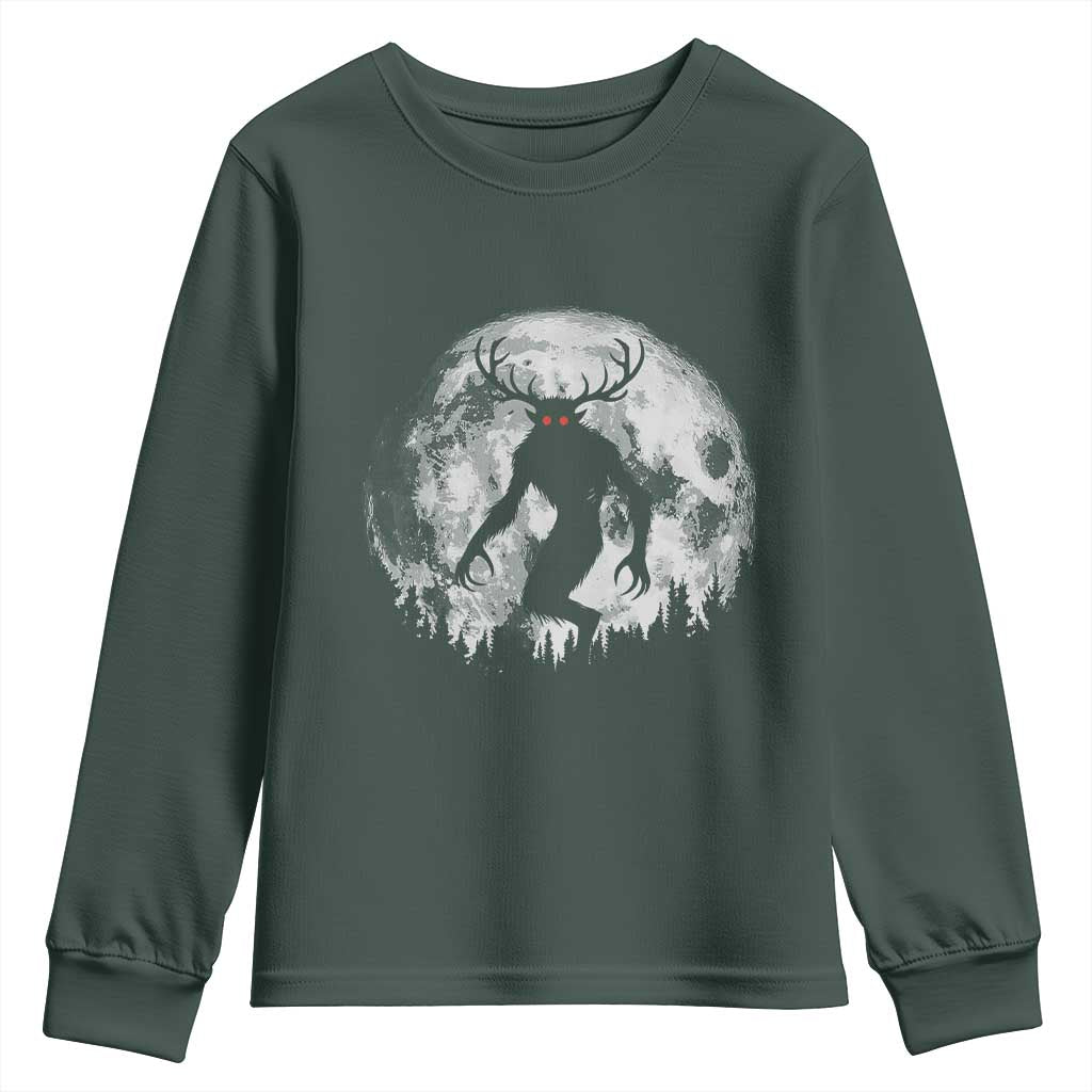 Wendigo Monster Youth Sweatshirt Skinwalker Night Stroll Cryptid Full Moon TS11 Dark Forest Green Print Your Wear