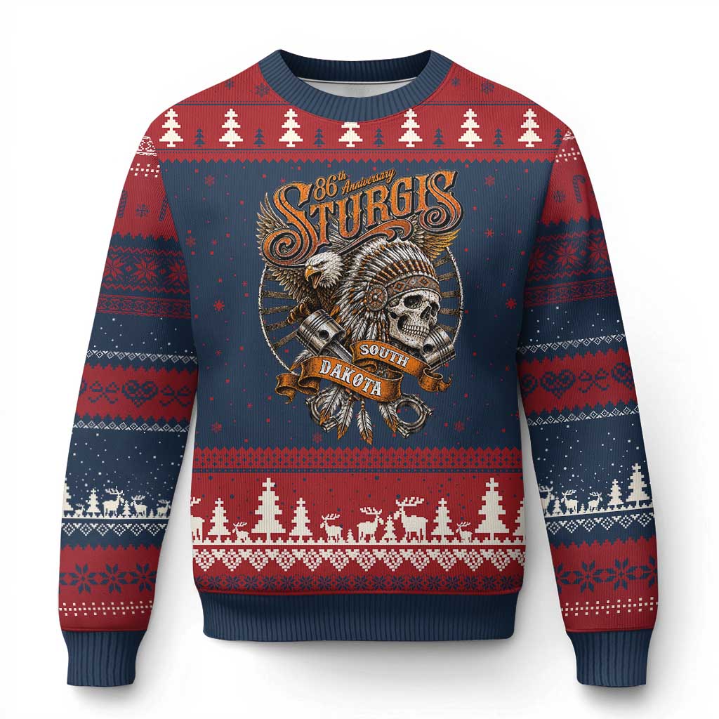 Sturgis South Dakota Indian American Rider Skull 86th Anniversary Ugly Christmas Sweater TS11 Navy Red Print Your Wear