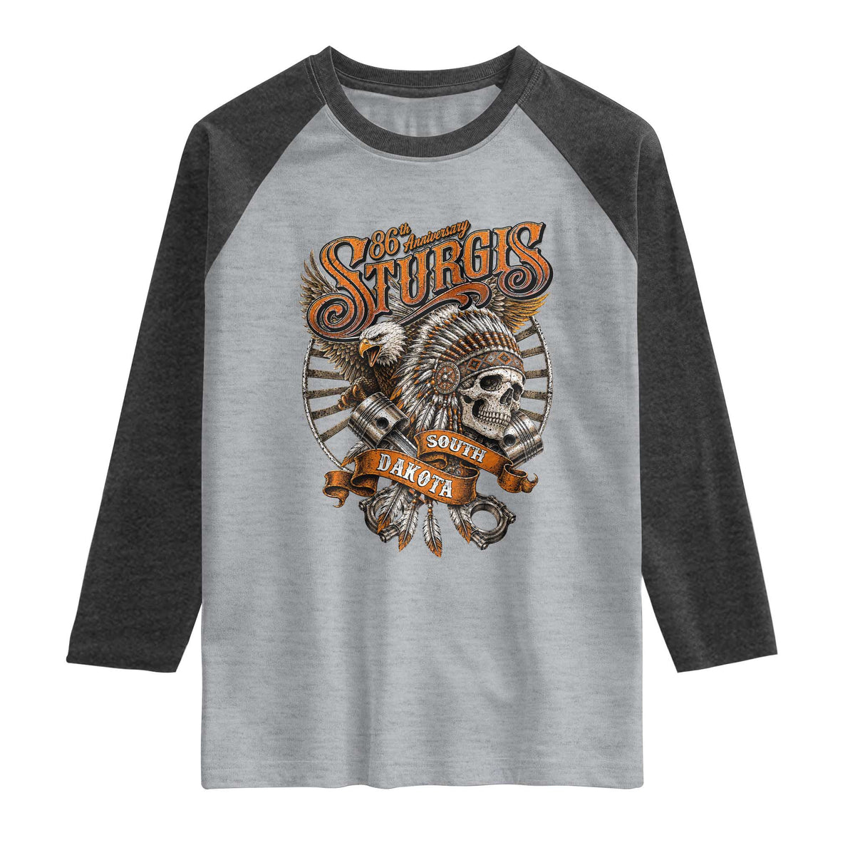 Sturgis South Dakota Indian American Rider Skull 86th Anniversary Raglan Shirt