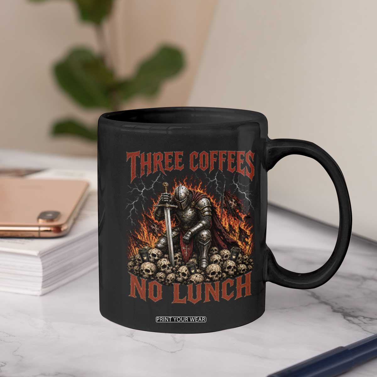 Three Coffees No Lunch Coffee Mug Funny Medieval Knight Coffee Lover