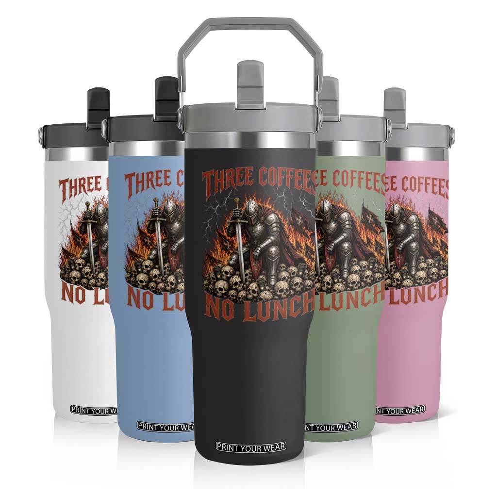 Three Coffees No Lunch Flip Straw Tumbler Funny Medieval Knight Coffee Lover