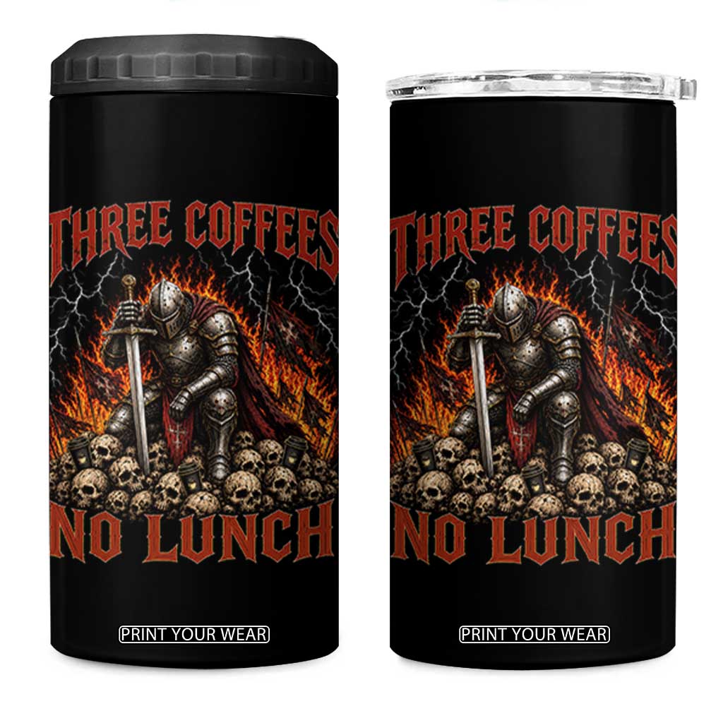 Three Coffees No Lunch 4 in 1 Can Cooler Tumbler Funny Medieval Knight Coffee Lover