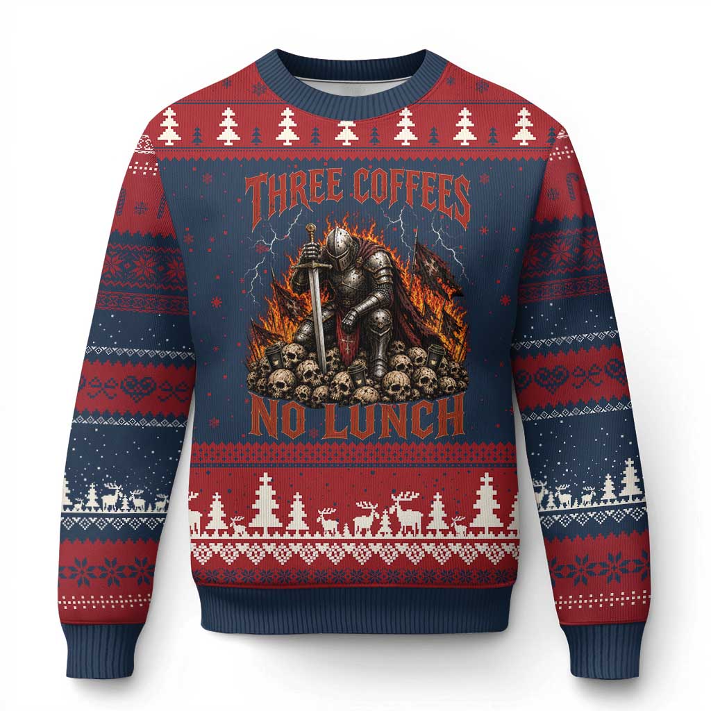Three Coffees No Lunch Ugly Christmas Sweater Funny Medieval Knight Coffee Lover TS11 Navy Red Print Your Wear