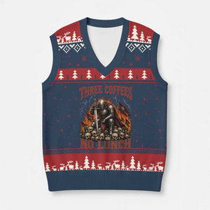 Three Coffees No Lunch V-Neck Knit Sweater Vest Funny Medieval Knight Coffee Lover