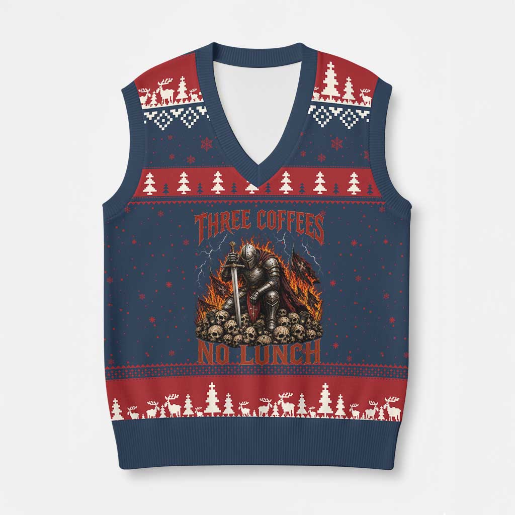 Three Coffees No Lunch V-Neck Knit Sweater Vest Funny Medieval Knight Coffee Lover TS11 Navy Red Print Your Wear