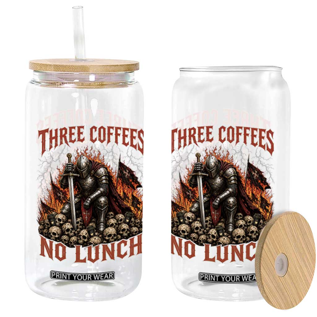 Three Coffees No Lunch Glass Can Funny Medieval Knight Coffee Lover
