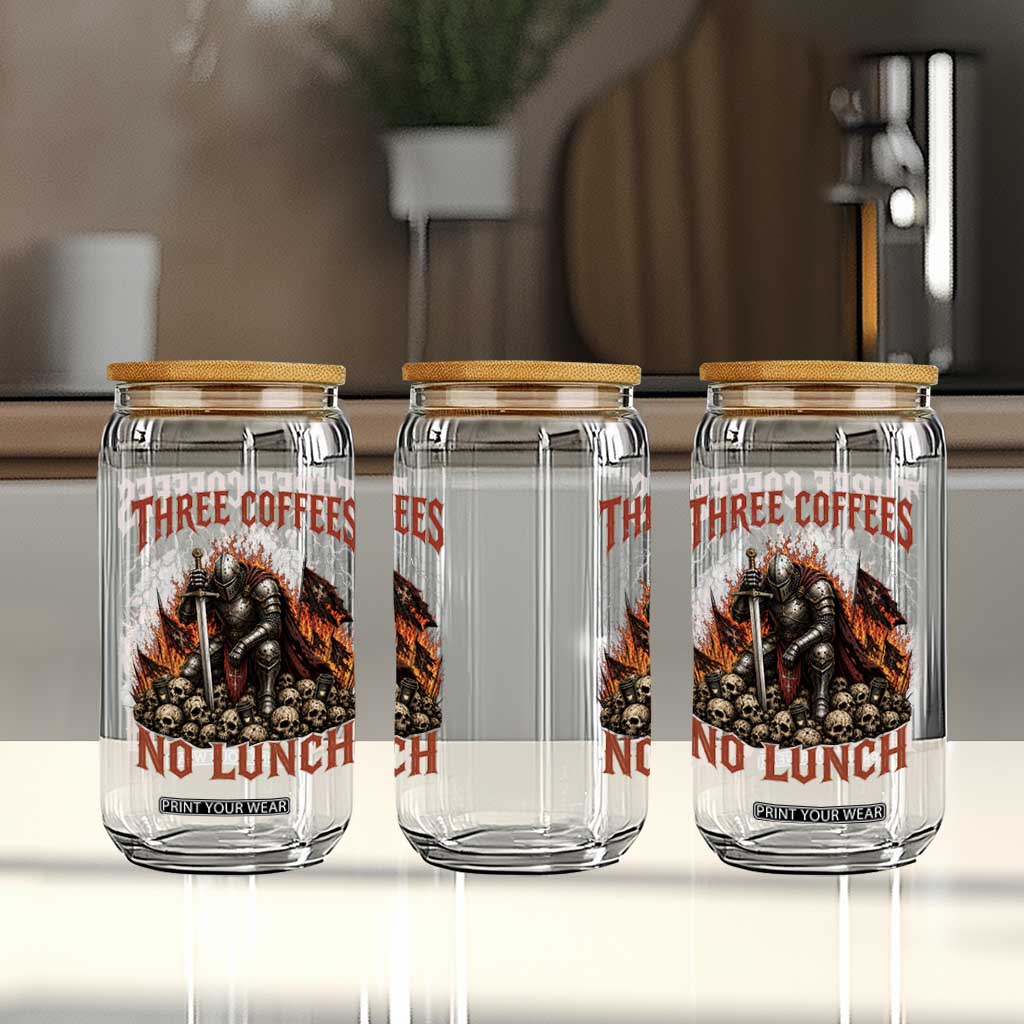Three Coffees No Lunch Glass Can Funny Medieval Knight Coffee Lover