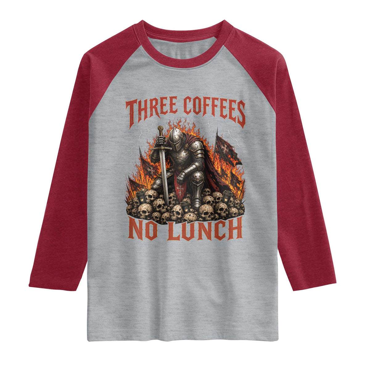 Three Coffees No Lunch Raglan Shirt Funny Medieval Knight Coffee Lover