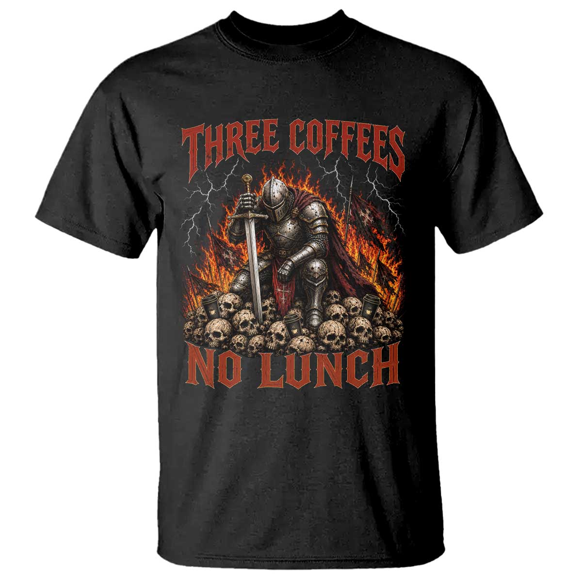 Three Coffees No Lunch T Shirt Funny Medieval Knight Coffee Lover