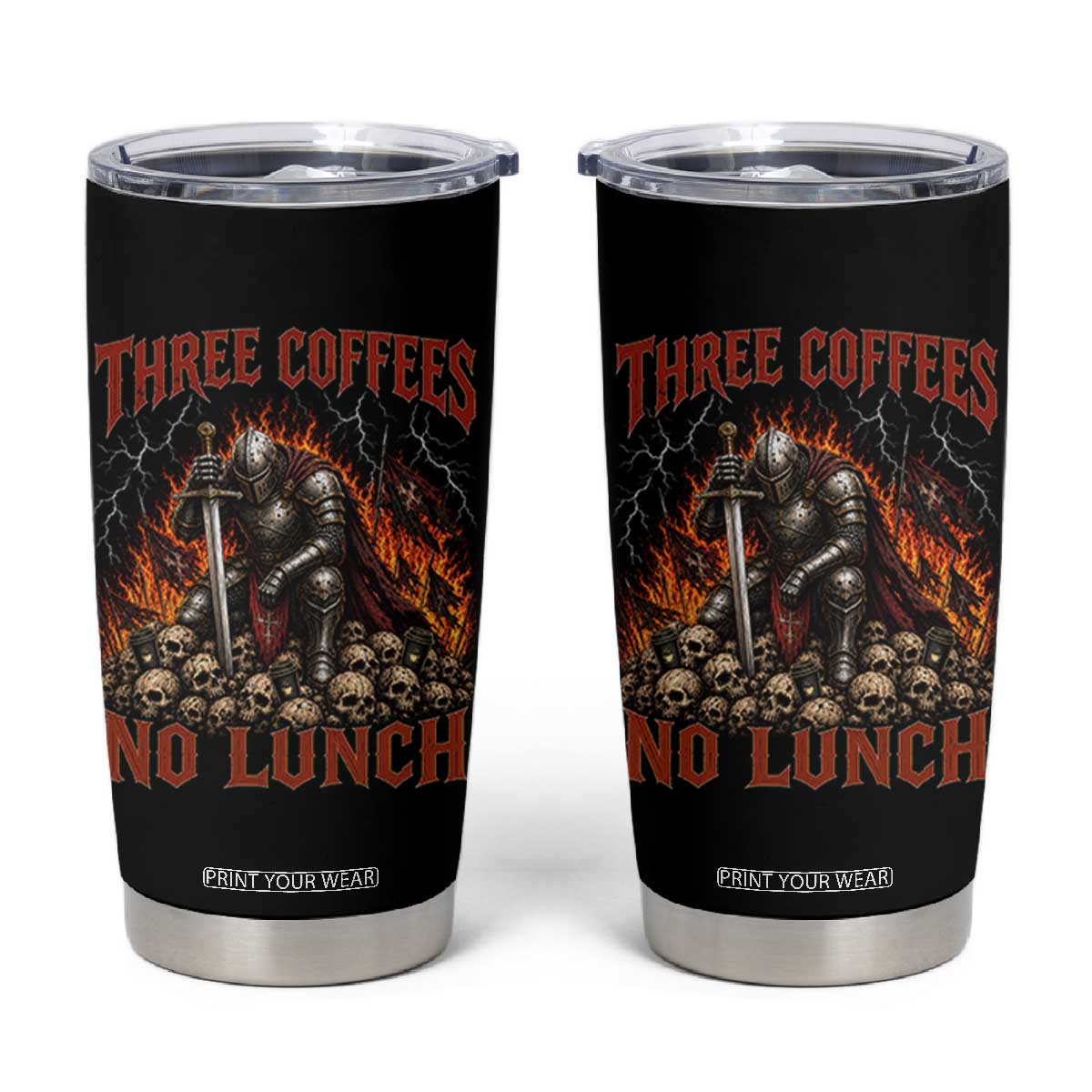 Three Coffees No Lunch Tumbler Cup Funny Medieval Knight Coffee Lover