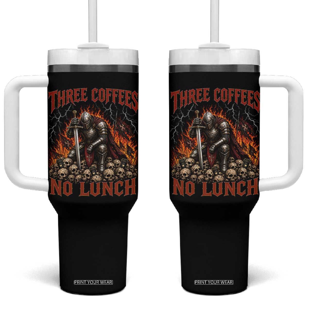 Three Coffees No Lunch Tumbler With Handle Funny Medieval Knight Coffee Lover