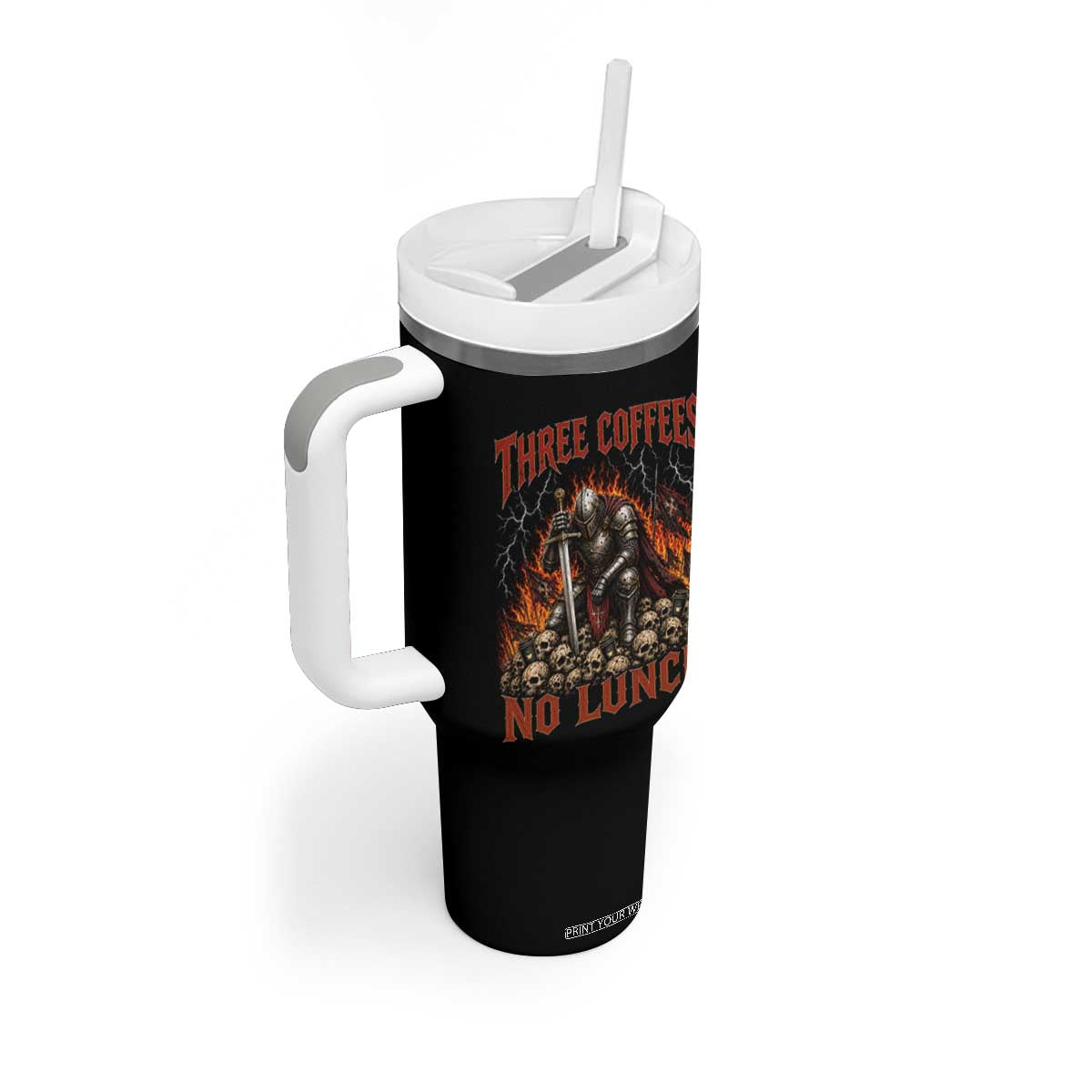 Three Coffees No Lunch Tumbler With Handle Funny Medieval Knight Coffee Lover