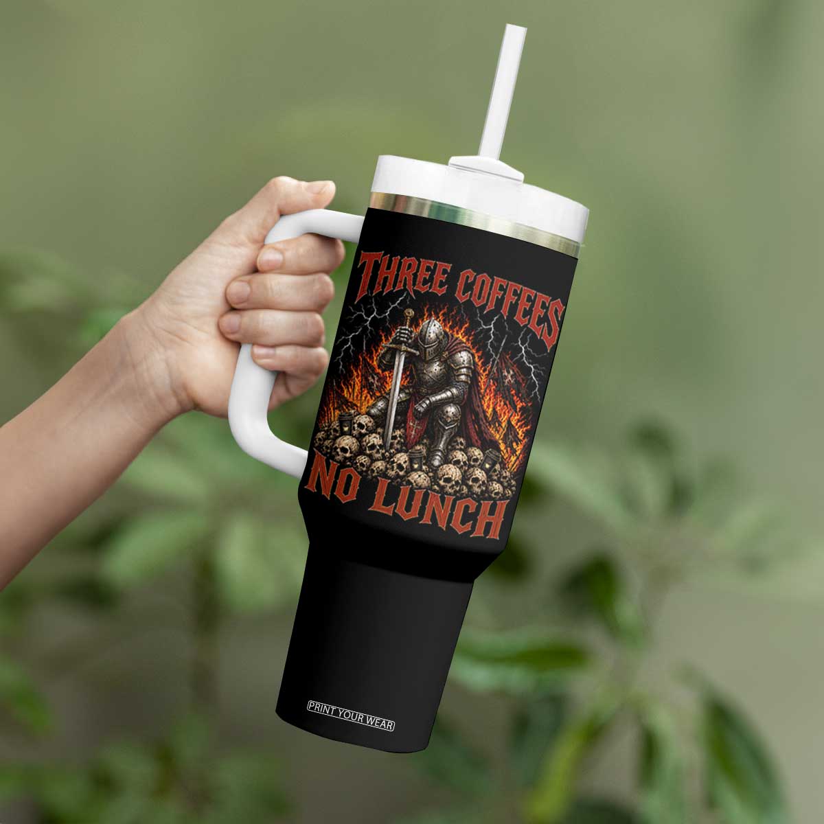 Three Coffees No Lunch Tumbler With Handle Funny Medieval Knight Coffee Lover