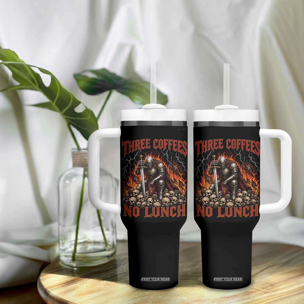 Three Coffees No Lunch Tumbler With Handle Funny Medieval Knight Coffee Lover