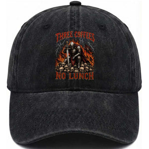 Three Coffees No Lunch Washed Cotton Baseball Cap Funny Medieval Knight Coffee Lover