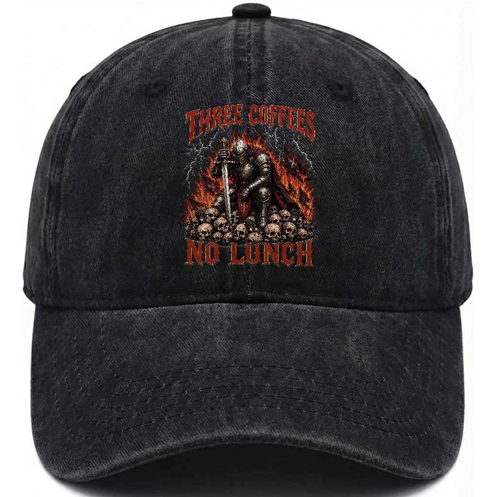 Three Coffees No Lunch Washed Cotton Baseball Cap Funny Medieval Knight Coffee Lover TS11 Print Your Wear
