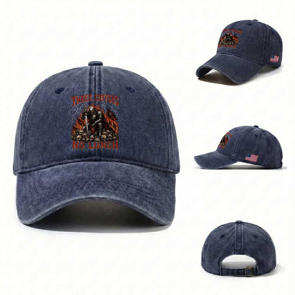 Three Coffees No Lunch Washed Cotton Baseball Cap Funny Medieval Knight Coffee Lover